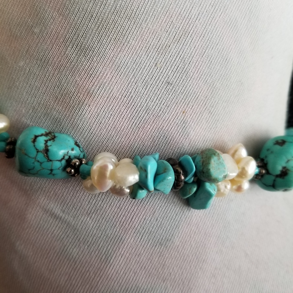 Necklace Southwestern Chunky real pearls and blue stone western style - Picture 6 of 17